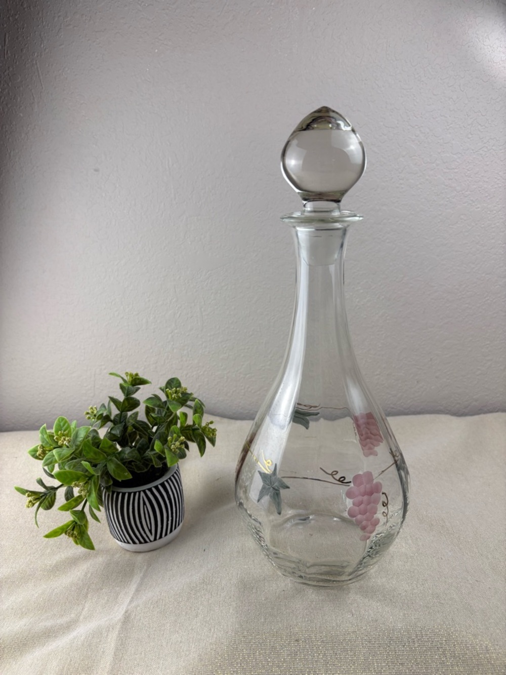 Vintage Romanian Crystal Wine Decanter with an Etched Grape and Vine Pattern
